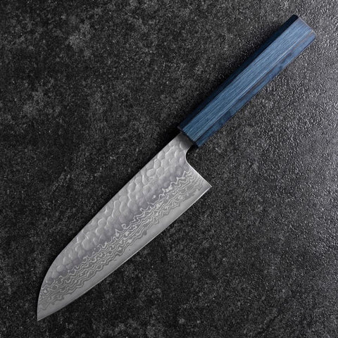 Santoku Silver Steel #3 Tsuchime Damast Dunkelblauer Urushi Griff 170mm