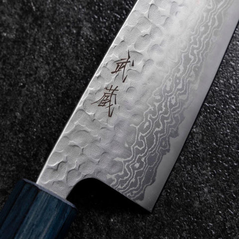 Santoku Silver Steel #3 Tsuchime Damast Dunkelblauer Urushi Griff 170mm