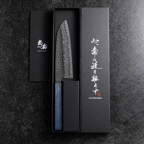 Santoku Silver Steel #3 Tsuchime Damast Dunkelblauer Urushi Griff 170mm