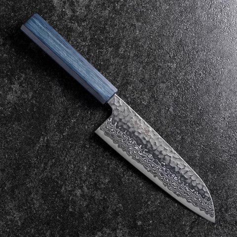 Santoku Silver Steel #3 Tsuchime Damast Dunkelblauer Urushi Griff 170mm