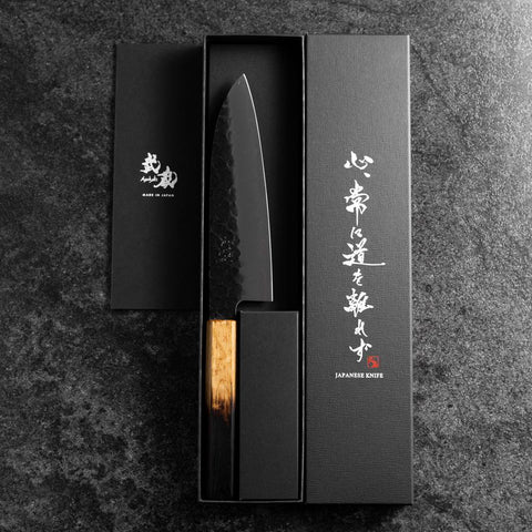 Santoku Stainless Clad AUS-8 Kurouchi Tsuchime Yaki Urushi Handle 170mm