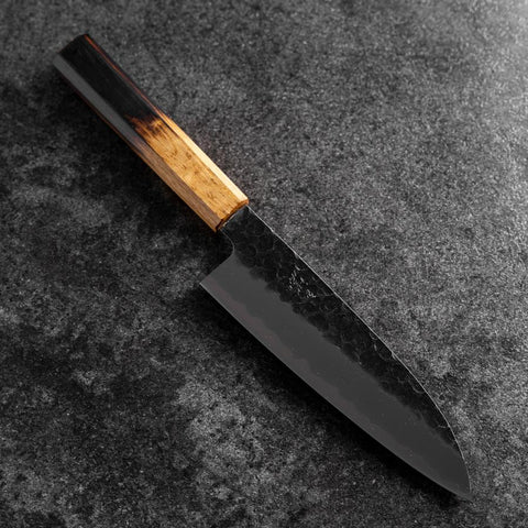 Santoku Stainless Clad AUS-8 Kurouchi Tsuchime Yaki Urushi Handle 170mm