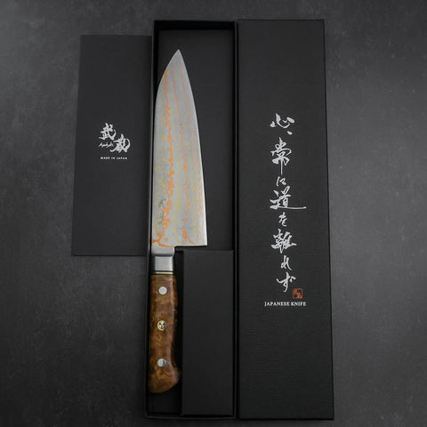 Santoku Stainless Clad Blue Steel #2 Colored Damascus Western Karin Handle 180mm
