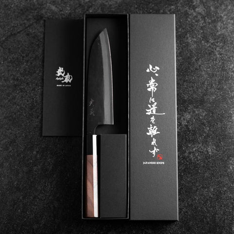 Santoku Blue Steel #2 Revêtement inox Kurouchi Manche en Noyer 165mm