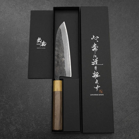 Santoku Stainless Clad Blue Steel #2 Kurouchi Walnut Zelkova Handle 165mm