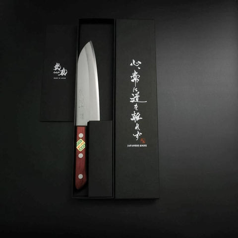 Santoku Stainless Clad Blue Super Polished Western Black Red Handle 165mm (Tsuba-nashi)