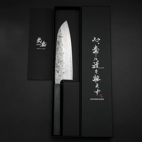 Santoku Sweden Stainless Steel Nashiji Washi Damascus Dark Blue Urushi Handle 165mm