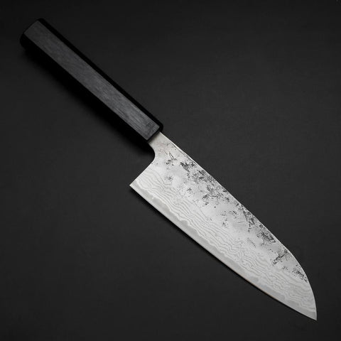 Santoku Sweden Stainless Steel Nashiji Washi Damascus Dark Blue Urushi Handle 165mm