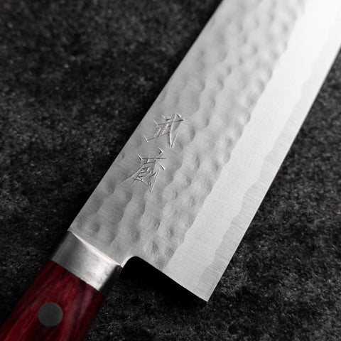 Santoku VG-10 Tsuchime Damasco Manico Occidentale Rosso 170mm