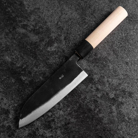 Santoku White Steel #2 Kurouchi Runder Büffelhorn und Magnolienholz Griff 165mm