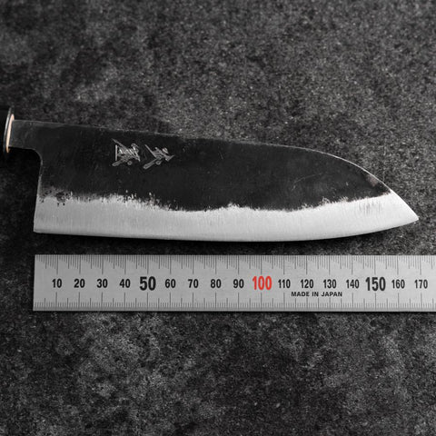 Santoku White Steel #2 Kurouchi Runder Büffelhorn und Magnolienholz Griff 165mm