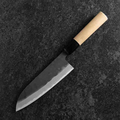 Santoku White Steel #2 Kurouchi Damascus Kurigata Buffalo Magnolia Handle 170mm