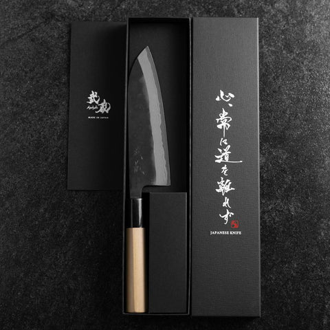 Santoku White Steel #2 Kurouchi Damascus Kurigata Buffalo Magnolia Handle 170mm