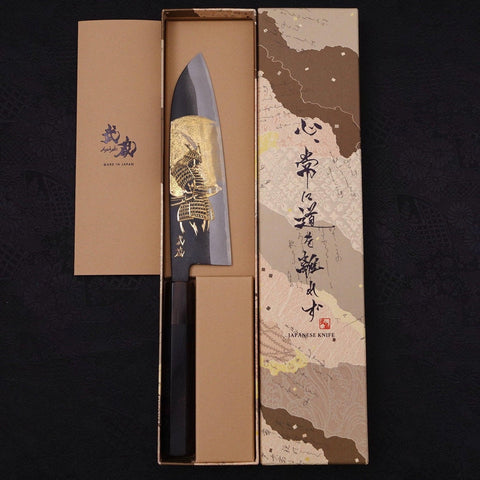 Santoku White Steel #2 Kurouchi Chokin Samurai Full Moon Buffalo Ebony Handle 170mm