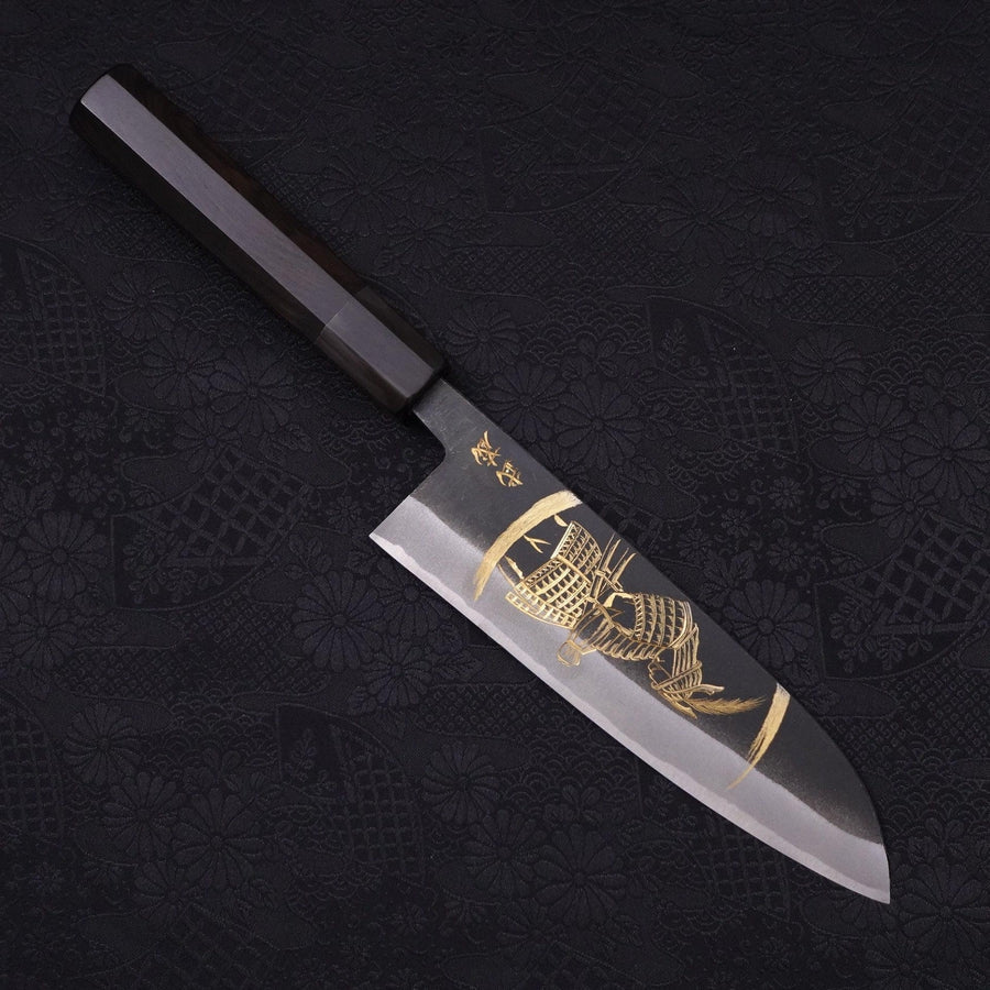 Santoku White Steel #2 Kurouchi Chokin Samurai New Moon Buffalo Ebony Handle 170mm-[Musashi]-[Japanese-Kitchen-Knives]