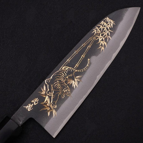 Santoku White Steel #2 Kurouchi Chokin Tiger-Bamboo Buffalo Ebony Handle 170mm
