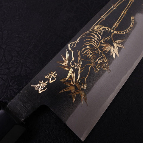 Santoku White Steel #2 Kurouchi Chokin Tiger-Bamboo Buffalo Ebony Handle 170mm