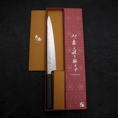 Sujihiki AUS-10 Nashiji Damascus Green Urushi Handle 240mm