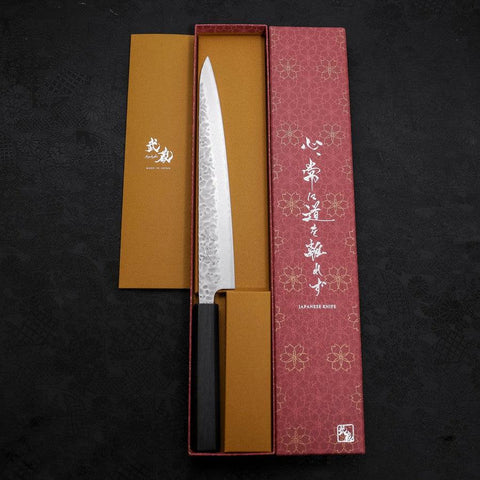 Sujihiki AUS-10 Tsuchime Damascus Dark Blue Urushi Handle 240mm