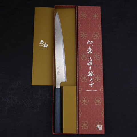 Sujihiki AUS-10 Wave Damascus Dark-Blue Urushi Handle 240mm