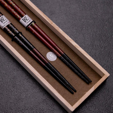 Urushi Gasumi Lacquered Wooden Chopsticks Set 210mm Red and 230mm Black with Paulownia Wooden Box