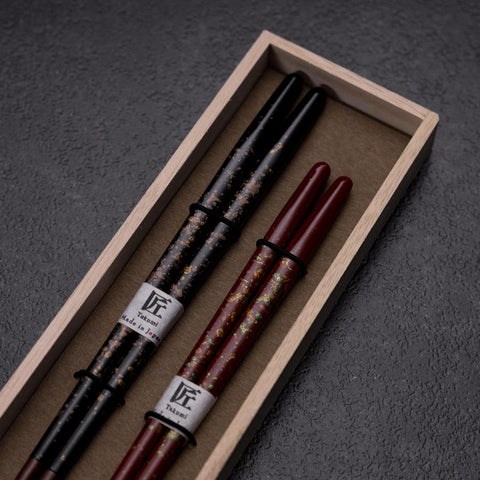 Urushi Gasumi Lacquered Wooden Chopsticks Set 210mm Red and 230mm Black with Paulownia Wooden Box