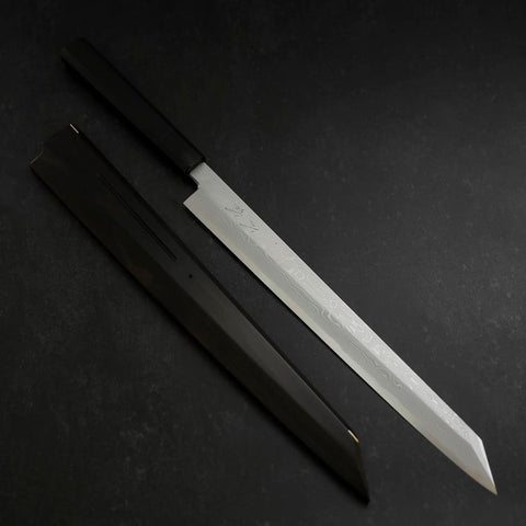 Yanagi Kiritsuke Blue Steel #1 Suminagashi Buffalo Ebony Handle With Sheath 330mm