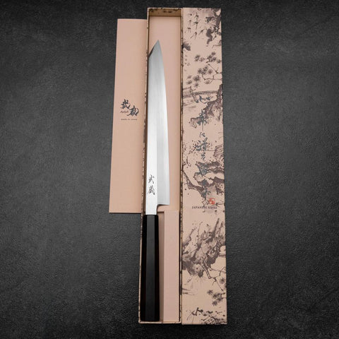 Yanagi Kiritsuke White Steel #2 Kasumi Buffalo Ebony Handle 270mm