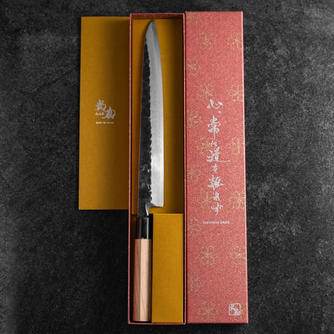 Yanagiba Blue Steel #2 Kurouchi Tsuchime Mango de Magnolia 270mm