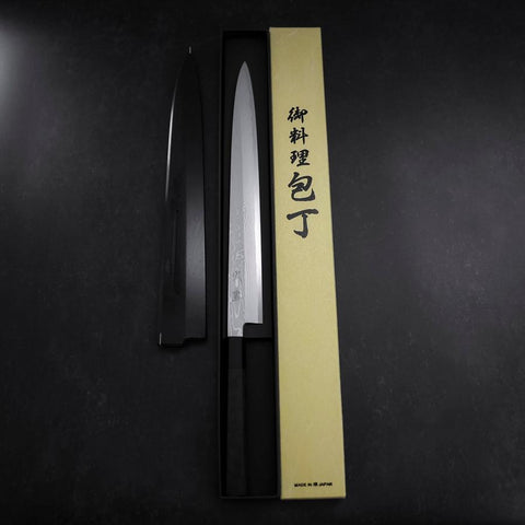 Yanagiba Blue Steel #1 Suminagashi Buffalo Ebony Handle With Sheath 330mm