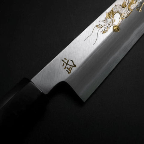Yanagiba White Steel #2 Kasumi Chokin Dragon Buffalo Ebony Handle 240mm