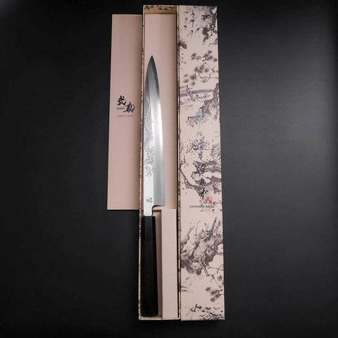 Yanagiba White Steel #2 Kasumi Silver Dragon Buffalo Ebony Handle 240mm