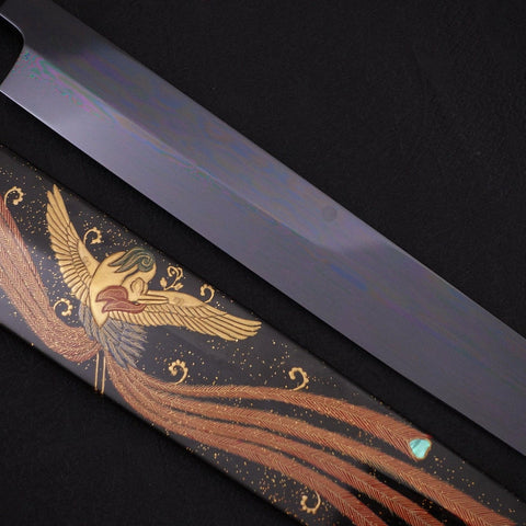Yanagiba White Steel #2 Black Mirror Moon-Fuji Water Honyaki Urushi Handle With Urushi Sheath 330mm