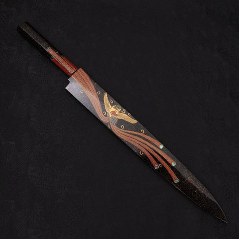 Yanagiba White Steel #2 Black Mirror Moon-Fuji Water Honyaki Urushi Handle With Urushi Sheath 330mm