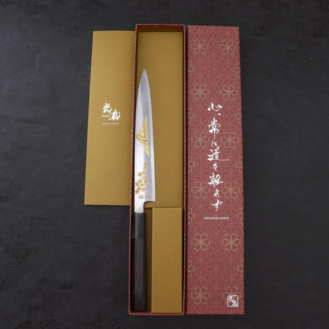 Yanagiba White Steel #2 Kasumi Chokin Sakura-Fuji Buffalo Ebony Handle 210mm