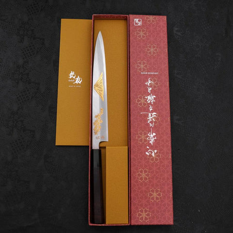 Yanagiba White Steel #2 Kasumi Chokin Sakura-Fuji Buffalo Ebony Handle 240mm