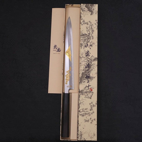 Yanagiba White Steel #2 Kasumi Chokin Sakura-Fuji Buffalo Ebony Handle 270mm